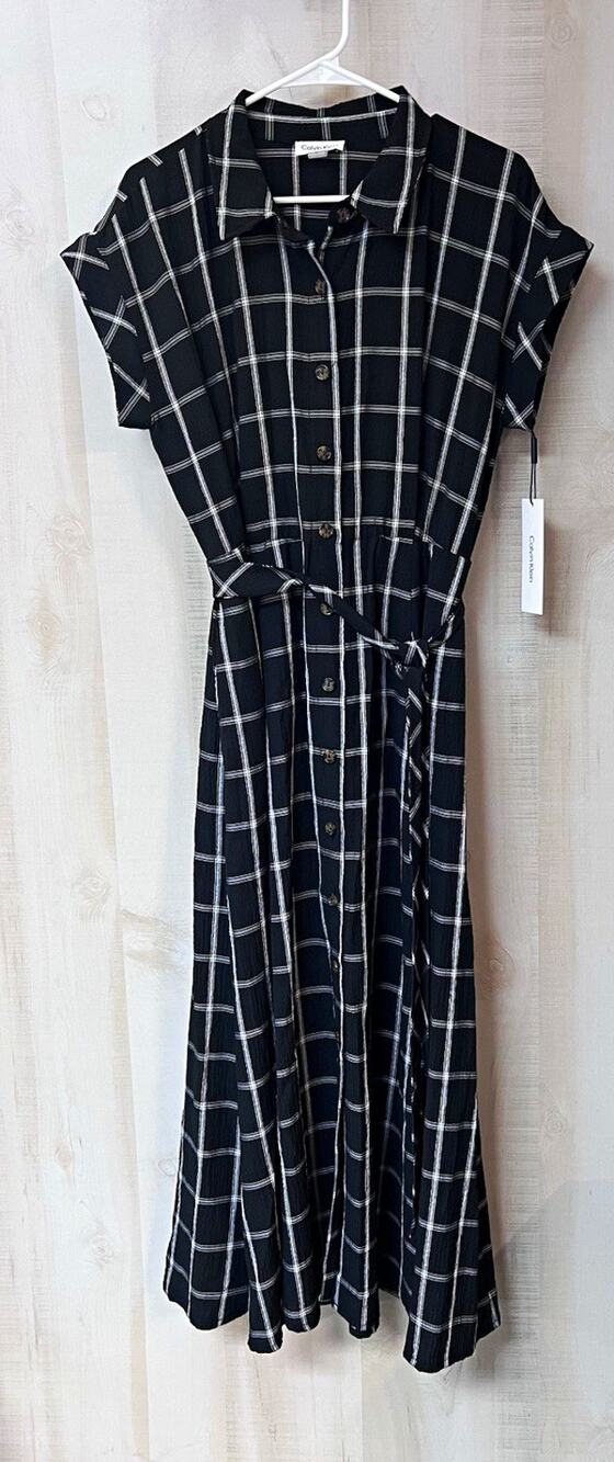 Calvin Klein Black White Plaid Midi Dress - NWT
